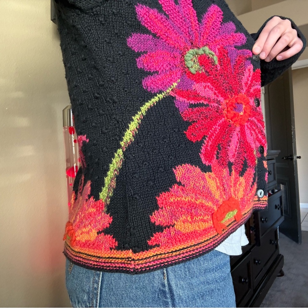 Eileen Fisher Black Cardigan with Pink Floral Design - Picture 6 of 7